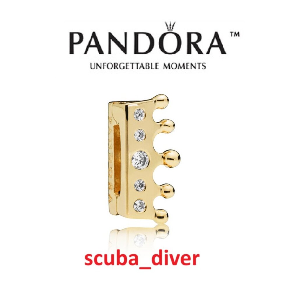 PANDORA 18K Gold Plated Reflexions Shine Crown Clip Charm CZ Mesh Flat Bracelet